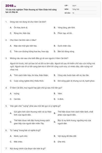 10 câu trắc nghiệm Thân thương xứ Vàm Chân trời sáng tạo có đáp án