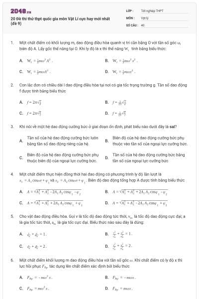 20 Đề thi thử thpt quốc gia môn Vật Lí cực hay mới nhất (đề 9)
