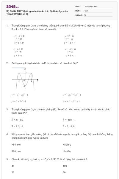 Bộ Đề thi THPT Quốc gia chuẩn cấu trúc Bộ Giáo dục môn Toán 2019 (Đề số 3)