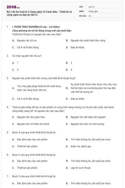 Bộ 2 đề thi Cuối kì 2 Công nghệ 10 Cánh diều - Thiết kế và công nghệ có đáp án (Đề 2)