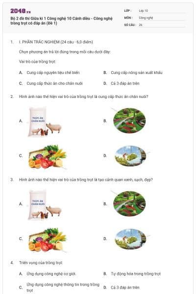 Bộ 2 đề thi Giữa kì 1 Công nghệ 10 Cánh diều - Công nghệ trồng trọt có đáp án (Đề 1)