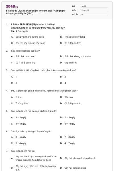 Bộ 2 đề thi Giữa kì 2 Công nghệ 10 Cánh diều - Công nghệ trồng trọt có đáp án (Đề 2)