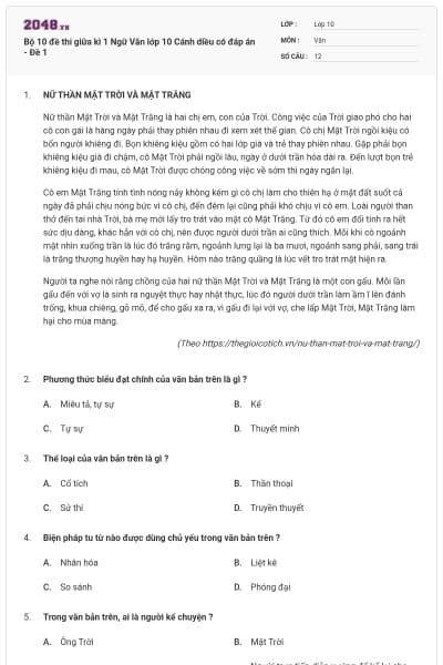 Bộ 10 đề thi giữa kì 1 Ngữ Văn lớp 10 Cánh diều có đáp án - Đề 1