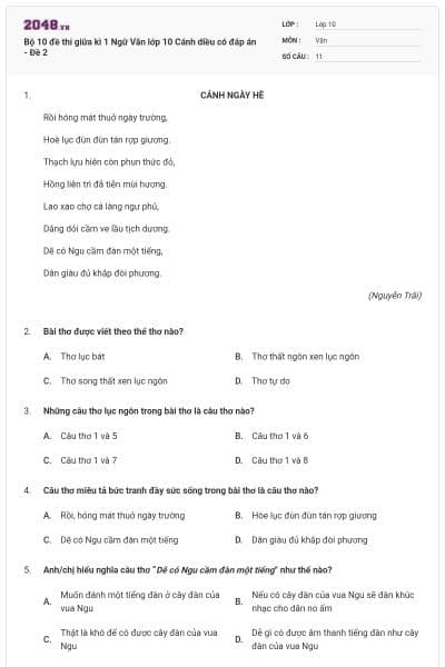 Bộ 10 đề thi giữa kì 1 Ngữ Văn lớp 10 Cánh diều có đáp án - Đề 2