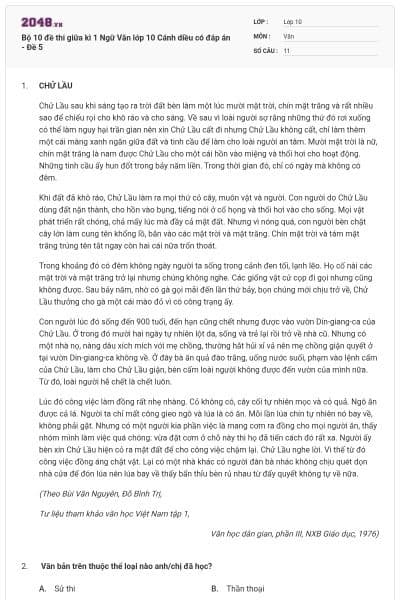 Bộ 10 đề thi giữa kì 1 Ngữ Văn lớp 10 Cánh diều có đáp án - Đề 5
