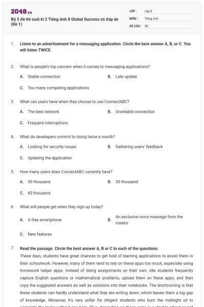 Bộ 5 đề thi cuối kì 2 Tiếng Anh 8 Global Success có đáp án (Đề 1)