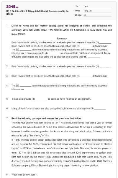Bộ 5 đề thi cuối kì 2 Tiếng Anh 8 Global Success có đáp án (Đề 3)