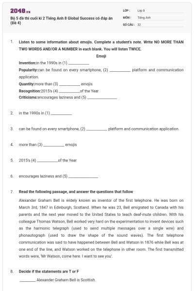 Bộ 5 đề thi cuối kì 2 Tiếng Anh 8 Global Success có đáp án (Đề 4)