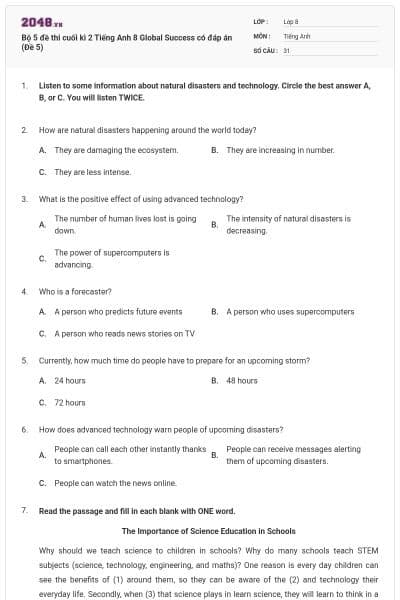 Bộ 5 đề thi cuối kì 2 Tiếng Anh 8 Global Success có đáp án (Đề 5)