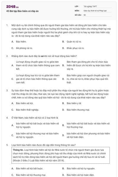45 Bài tập Bảo hiểm có đáp án
