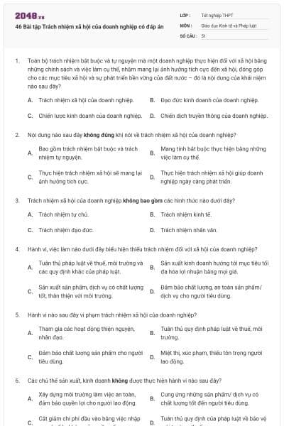 46 Bài tập Trách nhiệm xã hội của doanh nghiệp có đáp án