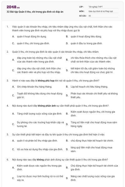 32 Bài tập Quản lí thu, chi trong gia đình có đáp án