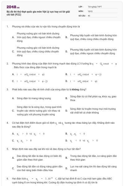 Bộ đề thi thử thpt quốc gia môn Vật Lý cực hay có lời giải chi tiết (P22)