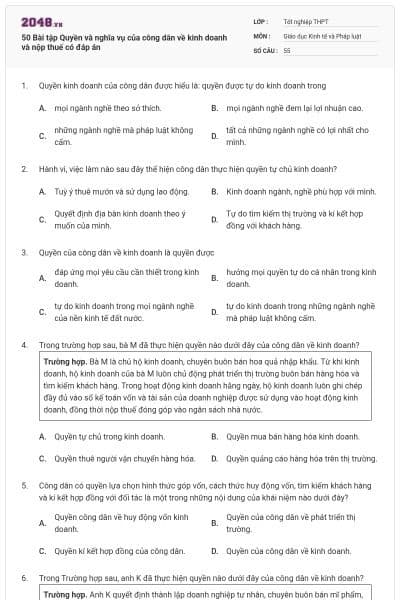 50 Bài tập Quyền và nghĩa vụ của công dân về kinh doanh và nộp thuế có đáp án