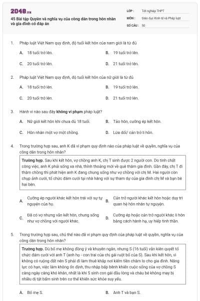 45 Bài tập Quyền và nghĩa vụ của công dân trong hôn nhân và gia đình có đáp án