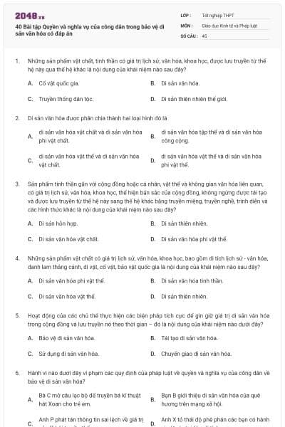 40 Bài tập Quyền và nghĩa vụ của công dân trong bảo vệ di sản văn hóa có đáp án