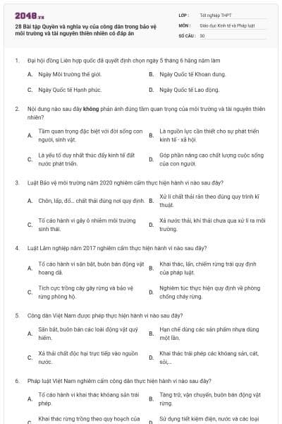 28 Bài tập Quyền và nghĩa vụ của công dân trong bảo vệ môi trường và tài nguyên thiên nhiên có đáp án