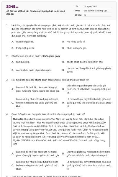 40 Bài tập Một số vấn đề chung về pháp luật quốc tế có đáp án