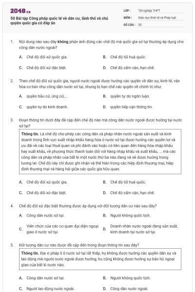 50 Bài tập Công pháp quốc tế về dân cư, lãnh thổ và chủ quyền quốc gia có đáp án