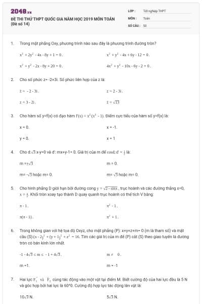 ĐỀ THI THỬ THPT QUỐC GIA NĂM HỌC 2019 MÔN TOÁN (Đề số 14)