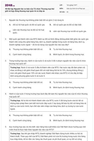 48 Bài tập Nguyên tắc cơ bản của Tổ chức Thương mại thế giới và hợp đồng thương mại quốc tế có đáp án