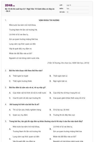 Bộ 10 đề thi cuối học kì 1 Ngữ Văn 10 Cánh diều có đáp án - Đề 4