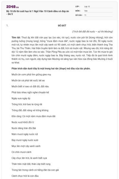 Bộ 10 đề thi cuối học kì 1 Ngữ Văn 10 Cánh diều có đáp án - Đề 5