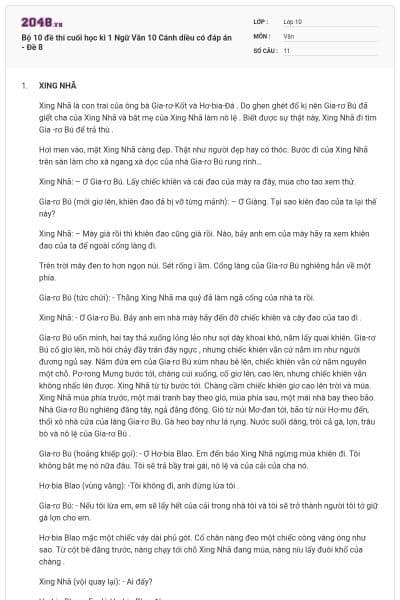 Bộ 10 đề thi cuối học kì 1 Ngữ Văn 10 Cánh diều có đáp án - Đề 8