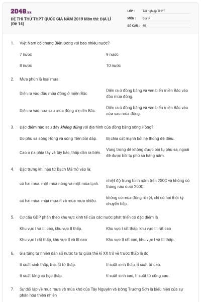 ĐỀ THI THỬ THPT QUỐC GIA NĂM 2019 Môn thi: ĐỊA LÍ (Đề 14)