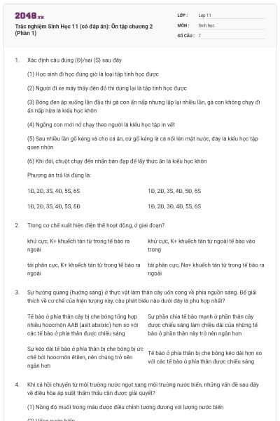 Trắc nghiệm Sinh Học 11 (có đáp án): Ôn tập chương 2 (Phần 1)