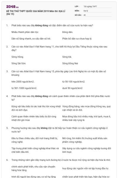 ĐỀ THI THỬ THPT QUỐC GIA NĂM 2019 Môn thi: ĐỊA LÍ (Đề 15)
