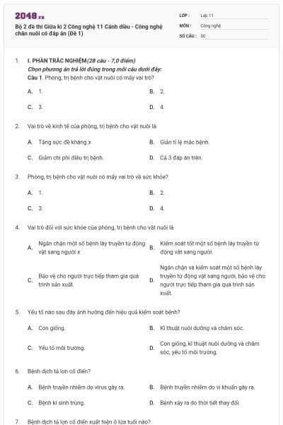 Bộ 2 đề thi Giữa kì 2 Công nghệ 11 Cánh diều - Công nghệ chăn nuôi có đáp án (Đề 1)