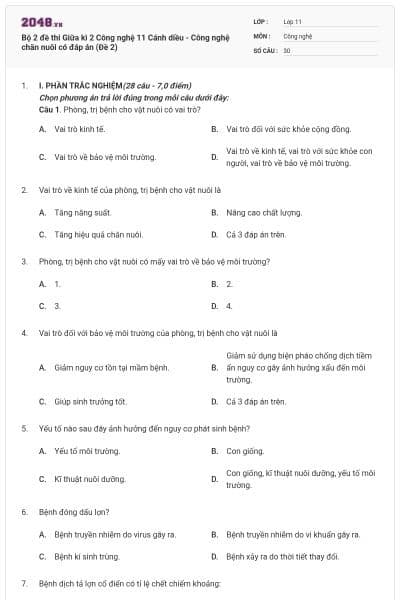 Bộ 2 đề thi Giữa kì 2 Công nghệ 11 Cánh diều - Công nghệ chăn nuôi có đáp án (Đề 2)