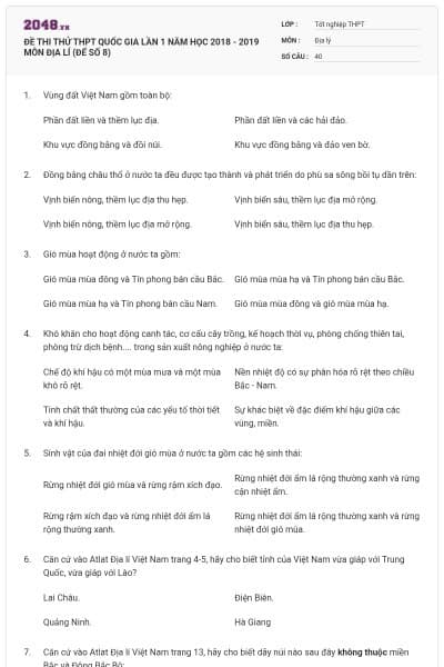 ĐỀ THI THỬ THPT QUỐC GIA LẦN 1 NĂM HỌC 2018 - 2019 MÔN ĐỊA LÍ (ĐẾ SỐ 8)