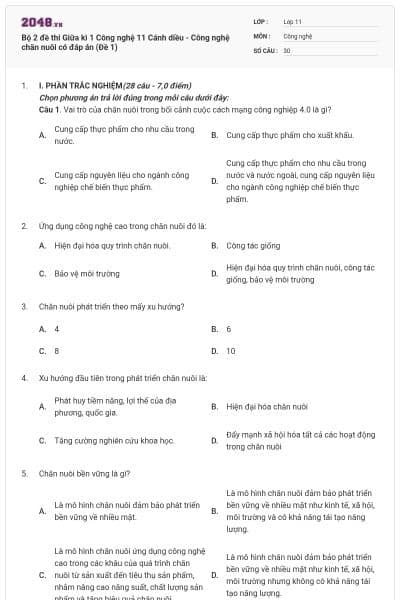 Bộ 2 đề thi Giữa kì 1 Công nghệ 11 Cánh diều - Công nghệ chăn nuôi có đáp án (Đề 1)