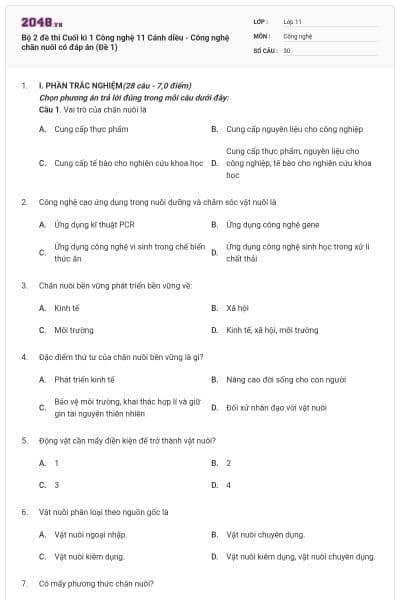 Bộ 2 đề thi Cuối kì 1 Công nghệ 11 Cánh diều - Công nghệ chăn nuôi có đáp án (Đề 1)
