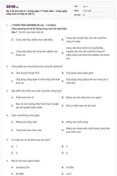 Bộ 2 đề thi Cuối kì 1 Công nghệ 11 Cánh diều - Công nghệ chăn nuôi có đáp án (Đề 2)
