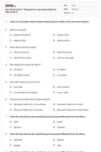 Bộ 5 đề thi cuối kì 1 Tiếng Anh 8 i-Learn Smart World có đáp án (Đề 1)