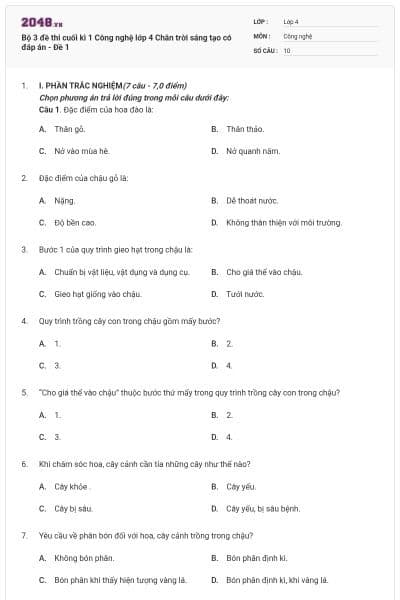 Bộ 3 đề thi cuối kì 1 Công nghệ lớp 4 Chân trời sáng tạo có đáp án - Đề 1