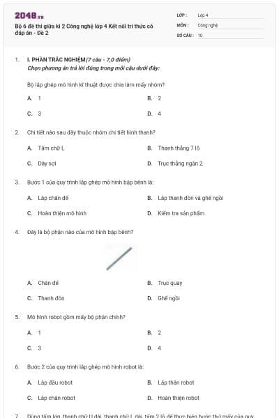 Bộ 6 đề thi giữa kì 2 Công nghệ lớp 4 Kết nối tri thức có đáp án - Đề 2