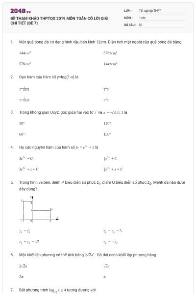 ĐỀ THAM KHẢO THPTQG 2019 MÔN TOÁN CÓ LỜI GIẢI CHI TIẾT (ĐỀ 7)