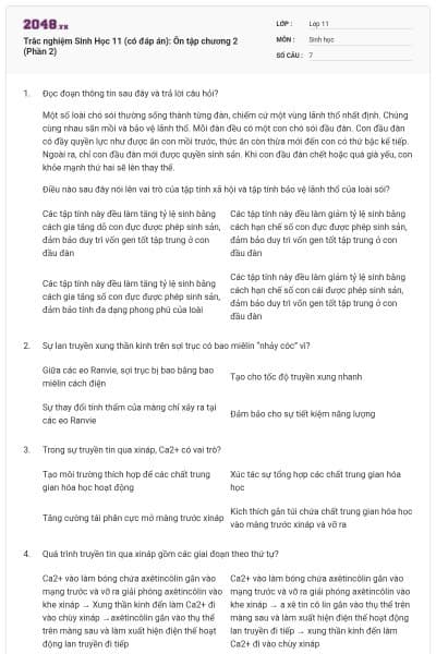 Trắc nghiệm Sinh Học 11 (có đáp án): Ôn tập chương 2 (Phần 2)