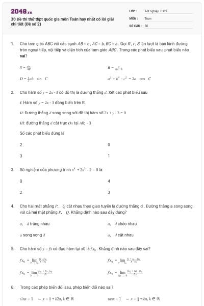 30 Đề thi thử thpt quốc gia môn Toán hay nhất có lời giải chi tiết (Đề số 2)