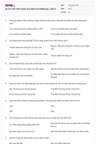 ĐỀ THI THỬ THPT QUỐC GIA NĂM 2019 MÔN ĐỊA LÍ (ĐỀ 7)
