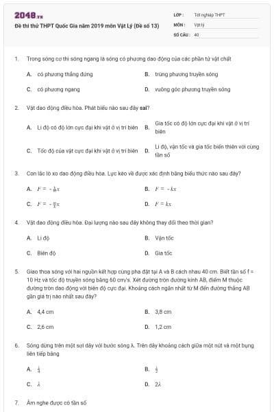 Đề thi thử THPT Quốc Gia năm 2019 môn Vật Lý (Đề số 13)