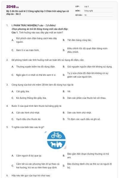 Bộ 3 đề thi cuối kì 2 Công nghệ lớp 3 Chân trời sáng tạo có đáp án - Đề 2