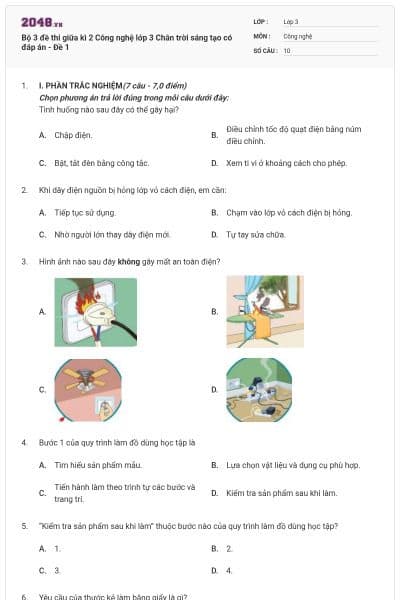 Bộ 3 đề thi giữa kì 2 Công nghệ lớp 3 Chân trời sáng tạo có đáp án - Đề 1