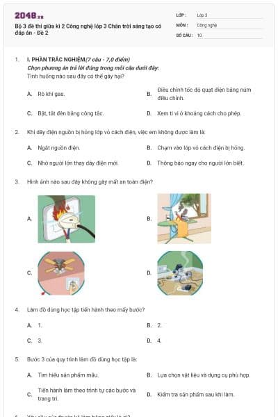 Bộ 3 đề thi giữa kì 2 Công nghệ lớp 3 Chân trời sáng tạo có đáp án - Đề 2