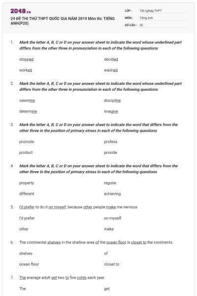 24 ĐỀ THI THỬ THPT QUỐC GIA NĂM 2019 Môn thi: TIẾNG ANH(P20)