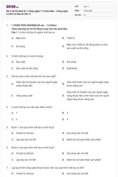 Bộ 2 đề thi Giữa kì 1 Công nghệ 11 Cánh diều - Công nghệ cơ khí có đáp án (Đề 1)